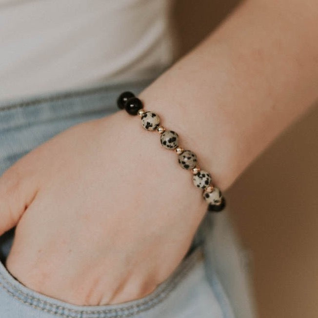 Dalmatian Jasper + Onyx Bracelet - AMBEROSE JEWELRY